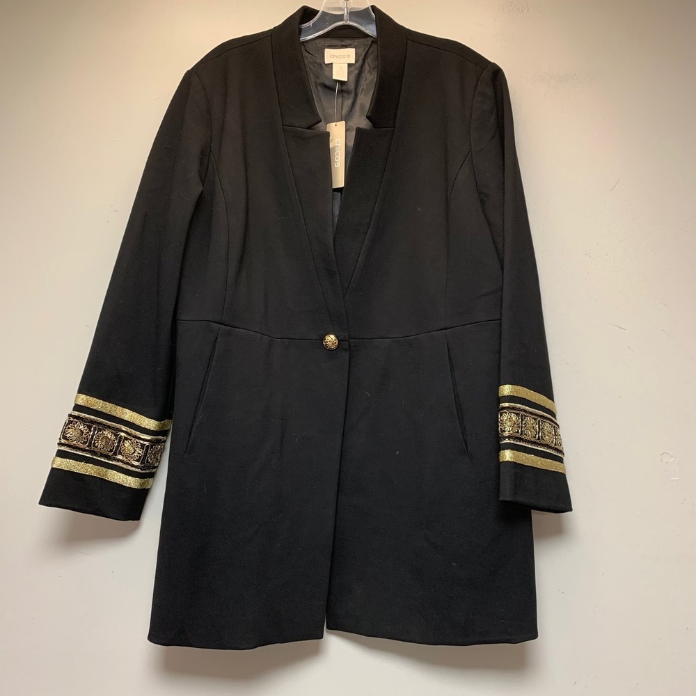 Chico's Novelty Cuff Sleeve Jacket Womens 3 Black New Gold Embroidered 570212761